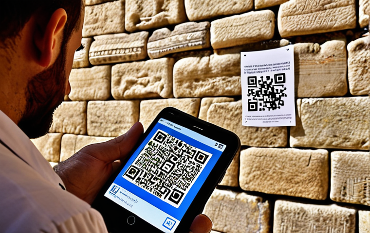 **

`A tourist uses a smartphone to scan a QR code at the Western Wall (Kotel) in Jerusalem. The app displays historical information and augmented reality overlays on the Wall, showing layers of history. In the background, other tourists are praying and observing the Wall. The scene is brightly lit, showcasing the ancient stones and modern technology integration.`

**