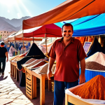 **

A vibrant, colorful marketplace scene in either Eilat (Israel) or Taba (Egypt). Focus on the bustling atmosphere with vendors selling local crafts, spices, and food. Include traditional clothing and architecture in the background. The style should be photorealistic but with a slight "travel influencer" aesthetic – warm tones, shallow depth of field to focus on the main subject (e.g., a vendor smiling), and maybe a hint of sun flare. Keywords: marketplace, Eilat OR Taba, local crafts, spices, food, travel photography, warm tones, photorealistic.

**