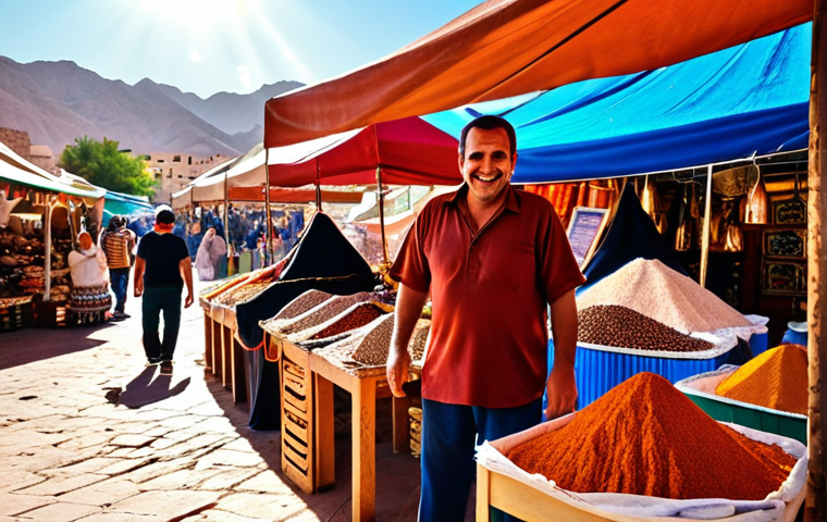 **
A vibrant, colorful marketplace scene in either Eilat (Israel) or Taba (Egypt). Focus on the bustling atmosphere with vendors selling local crafts, spices, and food. Include traditional clothing and architecture in the background. The style should be photorealistic but with a slight "travel influencer" aesthetic – warm tones, shallow depth of field to focus on the main subject (e.g., a vendor smiling), and maybe a hint of sun flare. Keywords: marketplace, Eilat OR Taba, local crafts, spices, food, travel photography, warm tones, photorealistic.
**