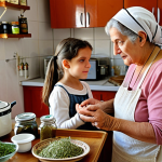 **Image Prompt:** A warm, inviting kitchen scene in Israel. An elderly woman (a "babka") with kind eyes is showing a young girl how to prepare a herbal remedy. Jars of dried herbs and traditional remedies are visible in the background, alongside modern kitchen appliances. The scene should evoke a sense of intergenerational wisdom and the blending of traditional and modern practices.