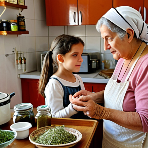 **Image Prompt:** A warm, inviting kitchen scene in Israel. An elderly woman (a "babka") with kind eyes is showing a young girl how to prepare a herbal remedy. Jars of dried herbs and traditional remedies are visible in the background, alongside modern kitchen appliances. The scene should evoke a sense of intergenerational wisdom and the blending of traditional and modern practices.