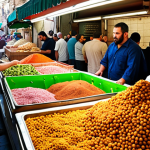 **A bustling scene at Machane Yehuda Market in Jerusalem:** Focus on the vibrant colors of fresh produce, spices piled high, and locals and tourists sampling traditional Israeli street food like falafel and knafeh. Capture the energy and sensory overload of this culinary hotspot.
