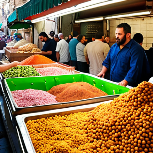 **A bustling scene at Machane Yehuda Market in Jerusalem:** Focus on the vibrant colors of fresh produce, spices piled high, and locals and tourists sampling traditional Israeli street food like falafel and knafeh. Capture the energy and sensory overload of this culinary hotspot.