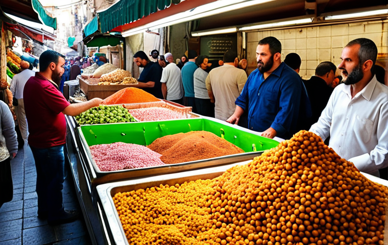 **A bustling scene at Machane Yehuda Market in Jerusalem:** Focus on the vibrant colors of fresh produce, spices piled high, and locals and tourists sampling traditional Israeli street food like falafel and knafeh. Capture the energy and sensory overload of this culinary hotspot.